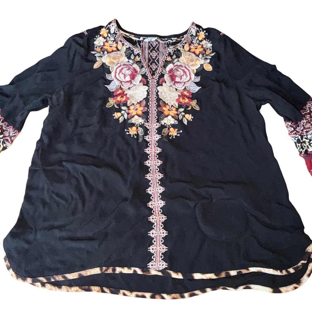John Mark Size Large Black Floral Embroidered Tunic Top Boho Ruffle Whimsical